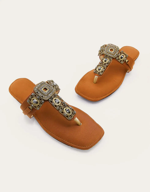 Vermira – Tan embellished Kolhapuri flats with golden buckle design by Essence by Rubina